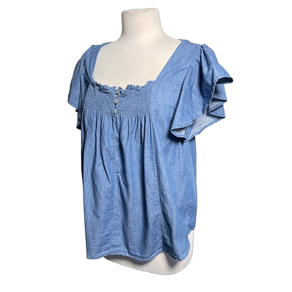 DRAPER JAMES Women’s Ruffle Cap Sleeve Chambray Boho Peasant Top - Picture 4 of 5